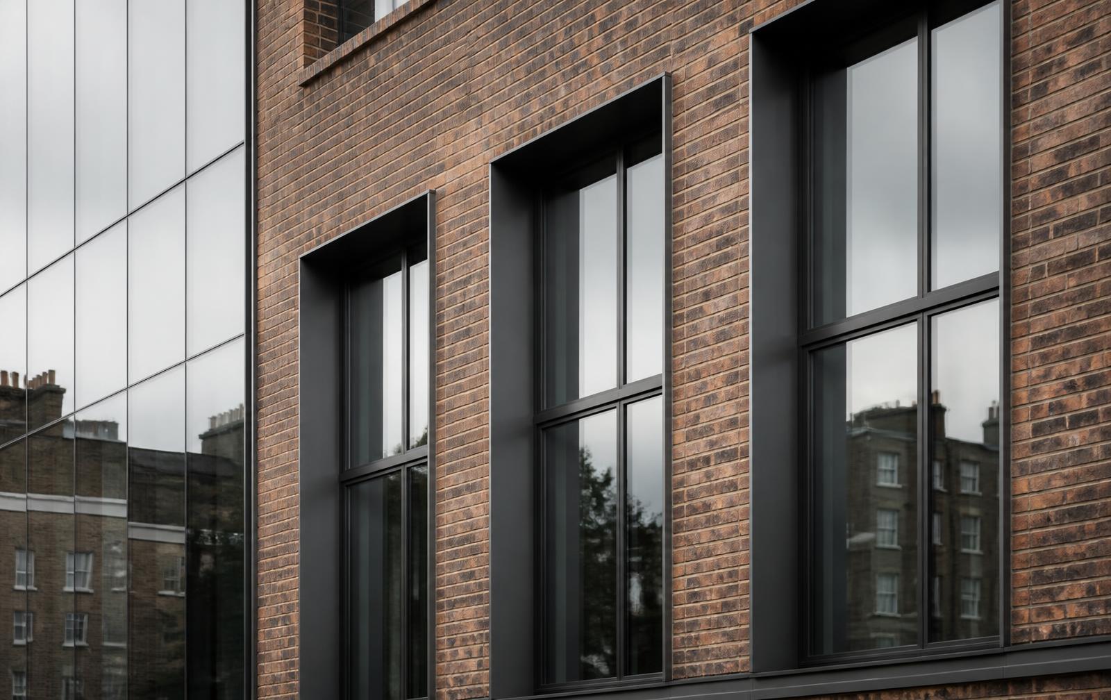 Brick and glass facade detail of a London building